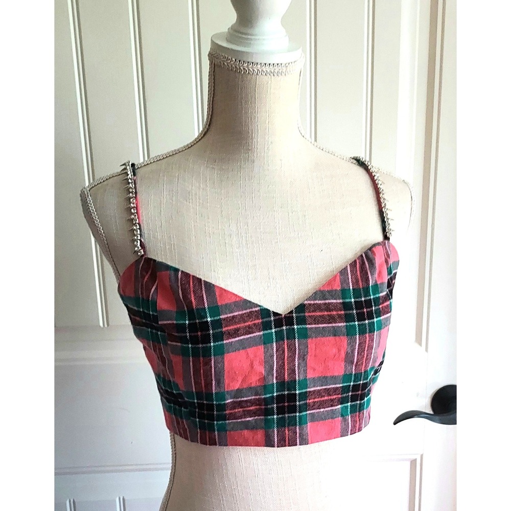 Women's L Pink Green Plaid Crop Top Rhinestone Chain Strap Sweetheart Neck Y2K